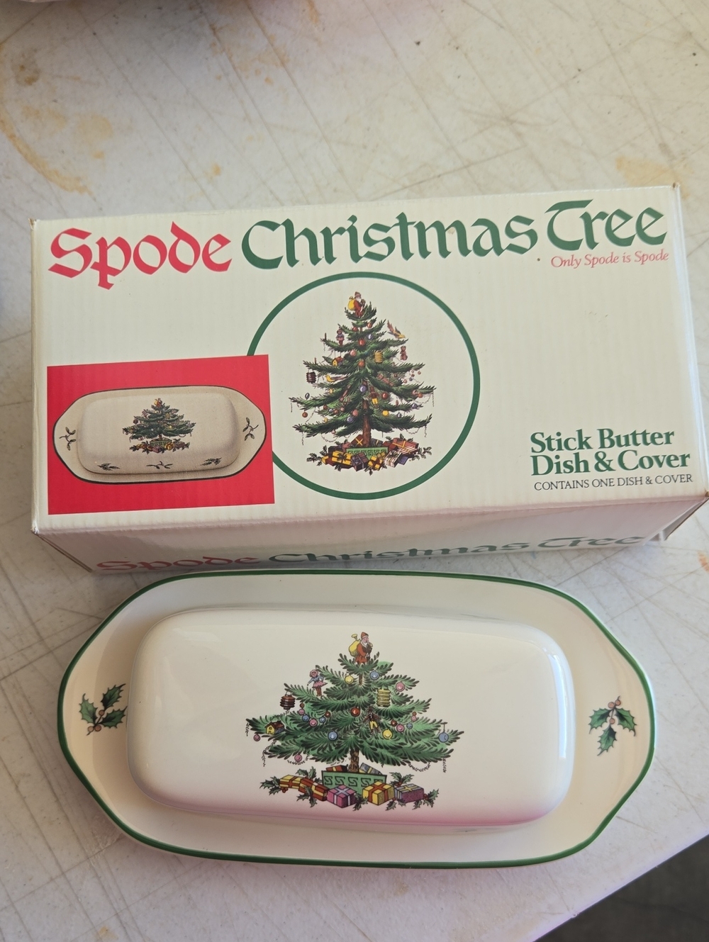 Spode Christmas Tree Butter Dish with Green Trim